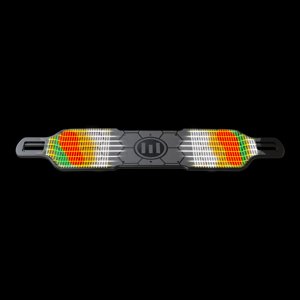 Top view of Evolve Carbon All Terrain electric skateboard showing rider weight distribution and flex zones