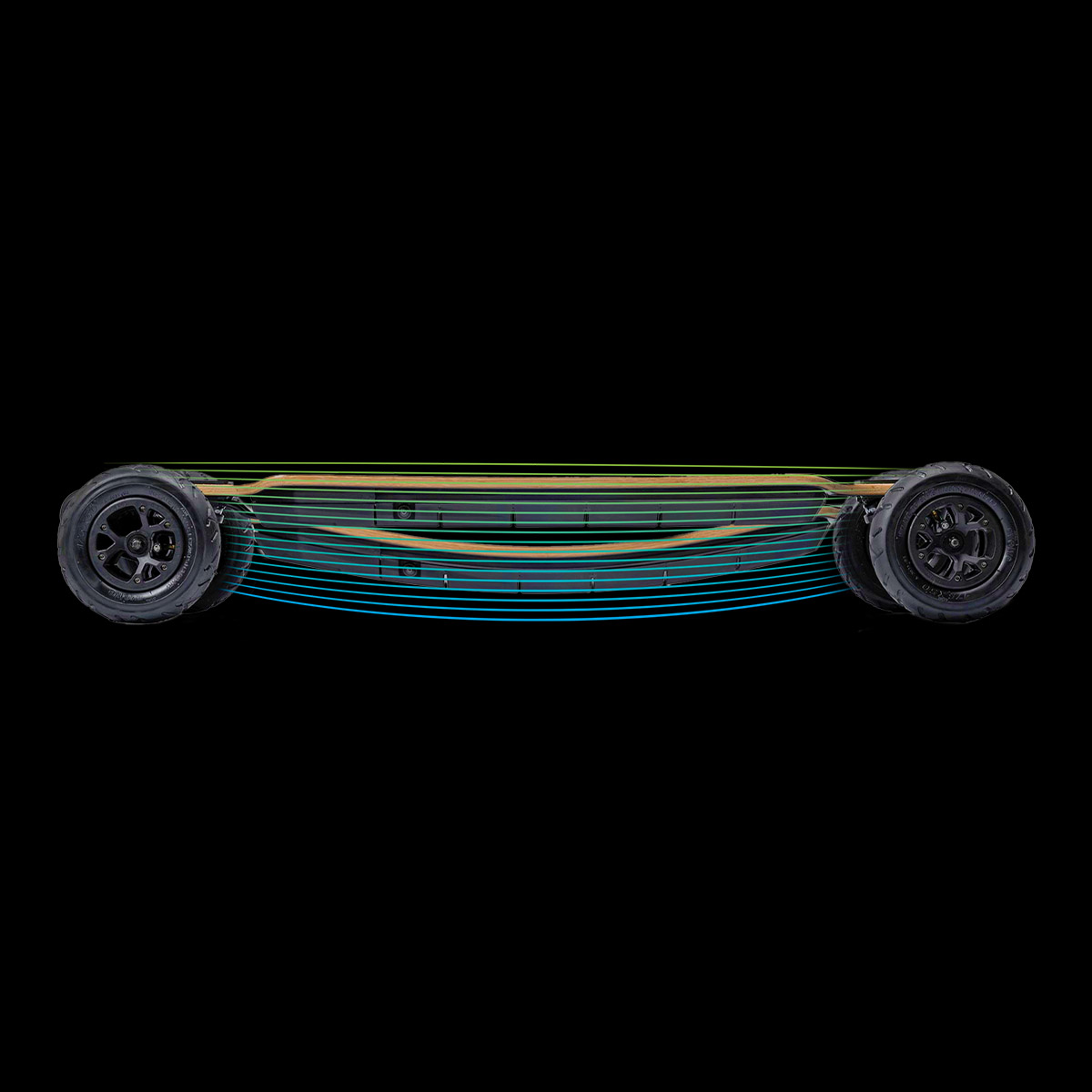 Side view of Evolve GTR 2 Bamboo All Terrain electric skateboard illustrating bamboo deck flex and structure flow lines
