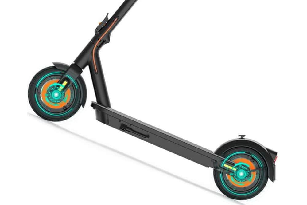 Side view of the Inmotion Climber electric scooter with illuminated turquoise and orange wheel hubs, highlighting its motor and braking components on a white background.