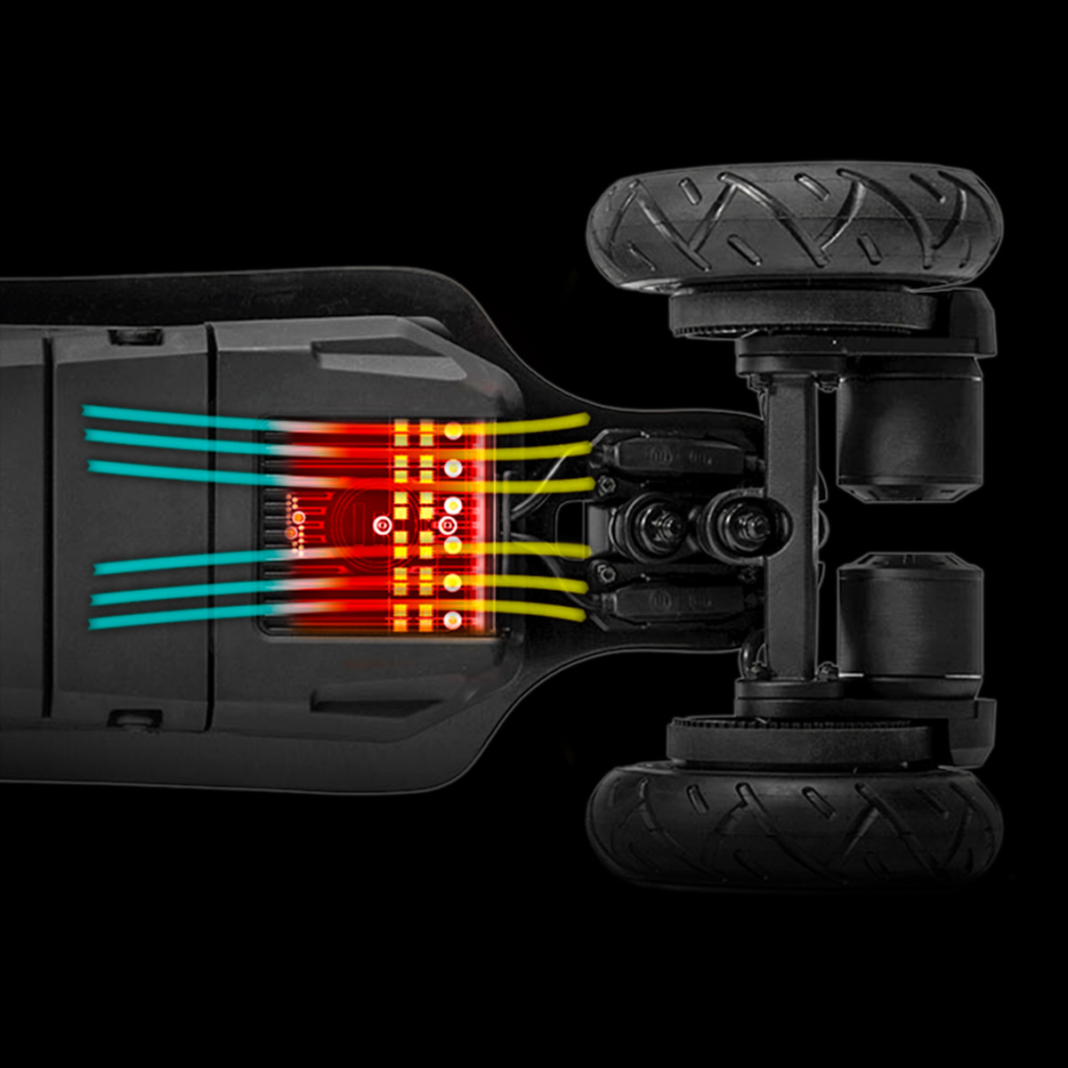 Cooling system airflow diagram for Evolve Hadean Bamboo Street electric skateboard showing thermal management design