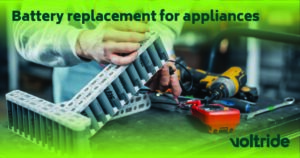 Technician replacing or restoring batteries for household appliances - Voltride promotion banner for repair works.